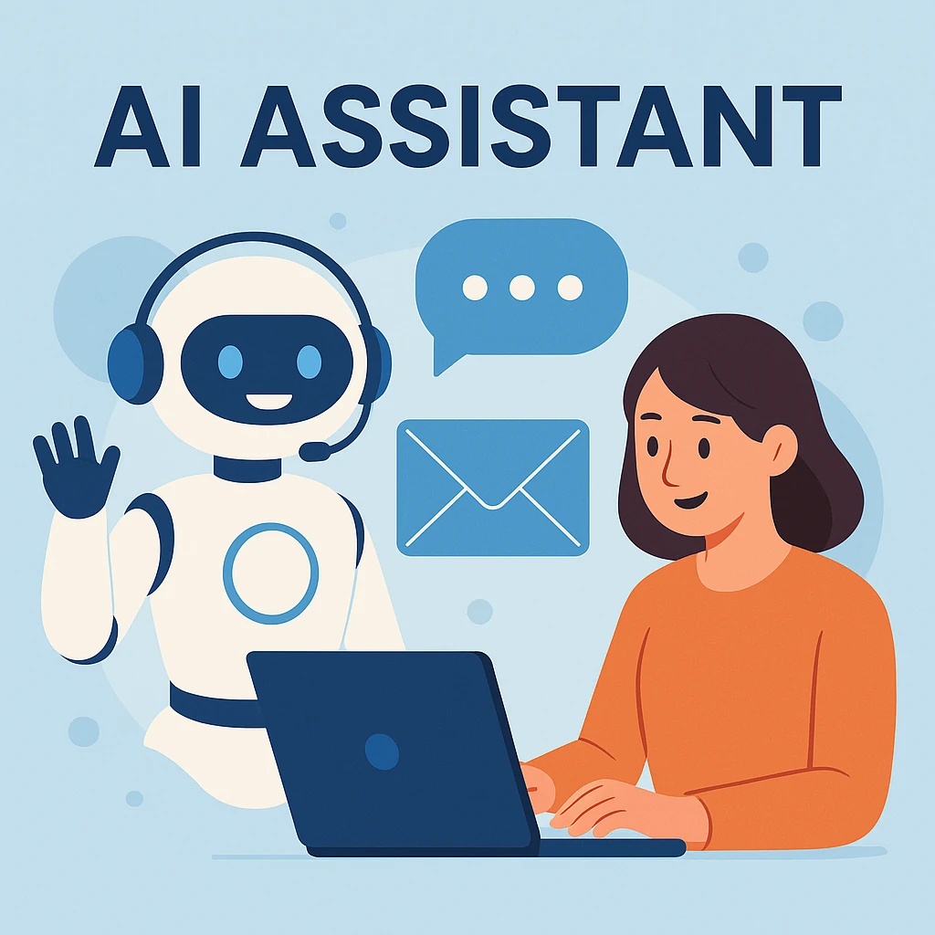 Friendly AI assistant helping a person answer emails, representing Get Web Right LLC’s AI Assistant Setup (Email Channel) service.