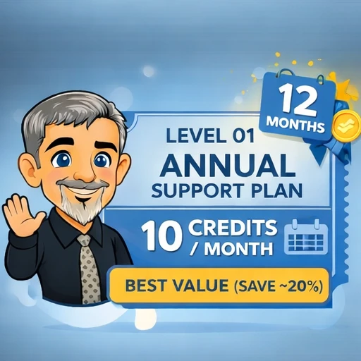Level 01 Annual Support Plan – 10 Credits/Month – 12 Months – Best Value Cartoon of Chris Brunning waving next to "Level 01 Annual Support Plan" with 10 credits per month, "12 Months", and "Best Value (Save ~20%)".