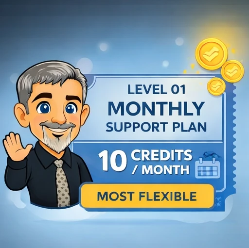 Level 01 Monthly Support Plan – 10 Credits/Month (Most Flexible) Cartoon of Chris Brunning waving next to “Level 01 Monthly Support Plan” with 10 credits per month and “Most Flexible.”