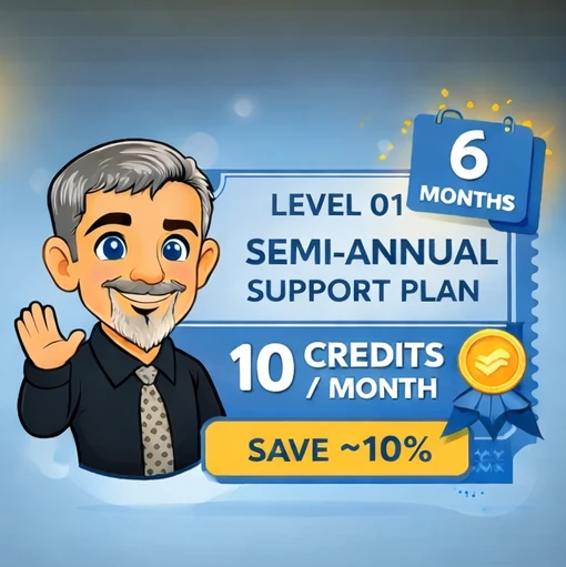Level 01 Semi-Annual Support Plan – 10 Credits/Month (6 Months, Save ~10%) Cartoon of Chris Brunning waving next to “Level 01 Semi-Annual Support Plan” with 10 credits per month, “Save ~10%,” and “6 Months.”