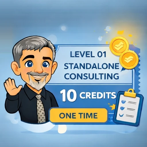 Level 01 Standalone Consulting – 10 Credits (One-Time) Cartoon of Chris Brunning waving next to “Level 01 Standalone Consulting” with 10 credits and “One Time.”